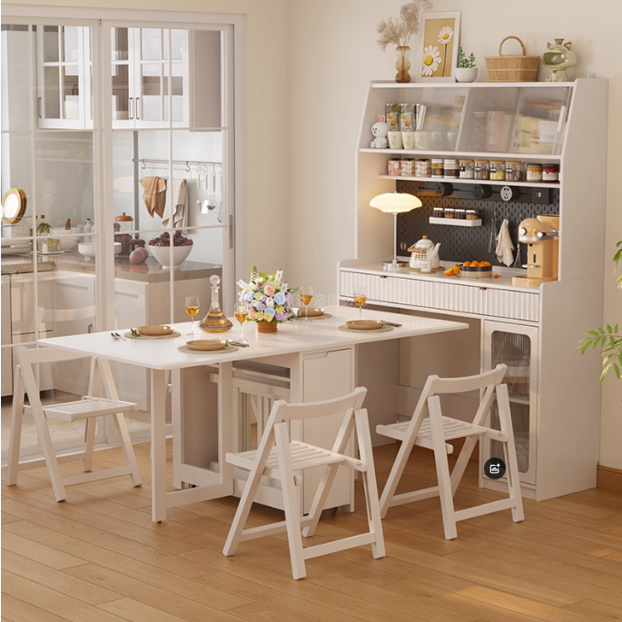 Kitchen Hutch Cabinet with Double Drop Leaf Dining Table and 4 Folding Chairs