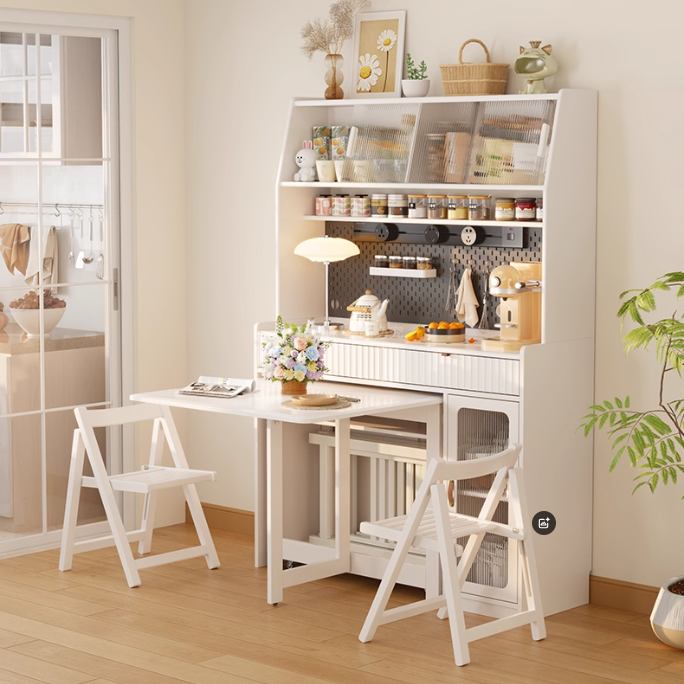 Kitchen Hutch Cabinet with Double Drop Leaf Dining Table and 4 Folding Chairs