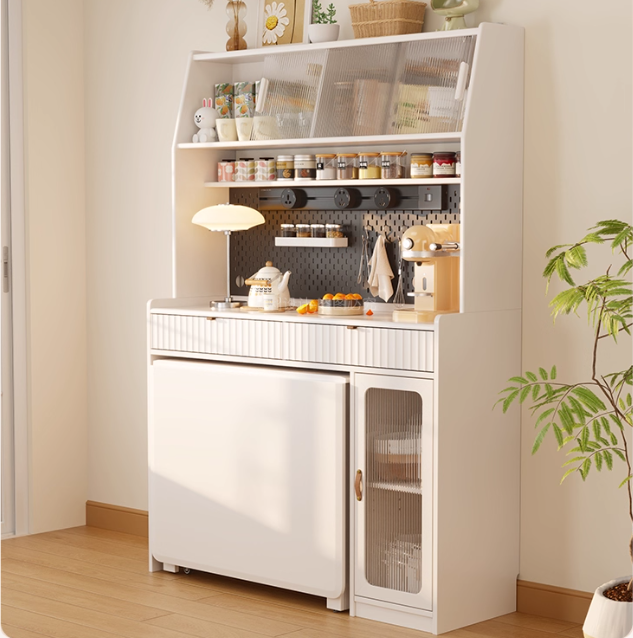 Kitchen Hutch Cabinet with Double Drop Leaf Dining Table and 4 Folding Chairs