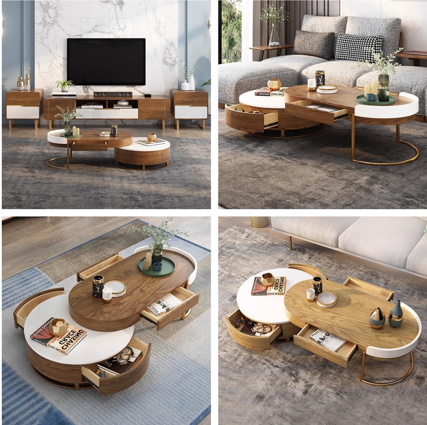 Modern Nordic Light Luxury Round Coffee Table with 4 Storage Drawers