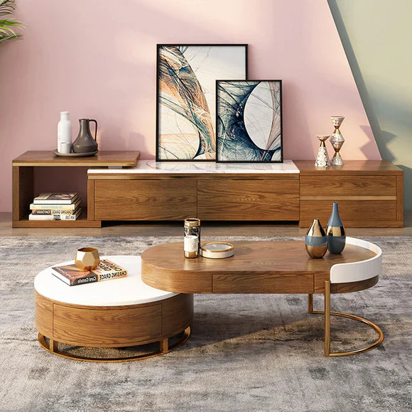 Modern Nordic Light Luxury Round Coffee Table with 4 Storage Drawers
