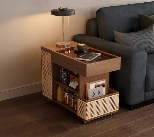 Space-saving solid wood rolling coffee table with rattan panels and tempered glass top