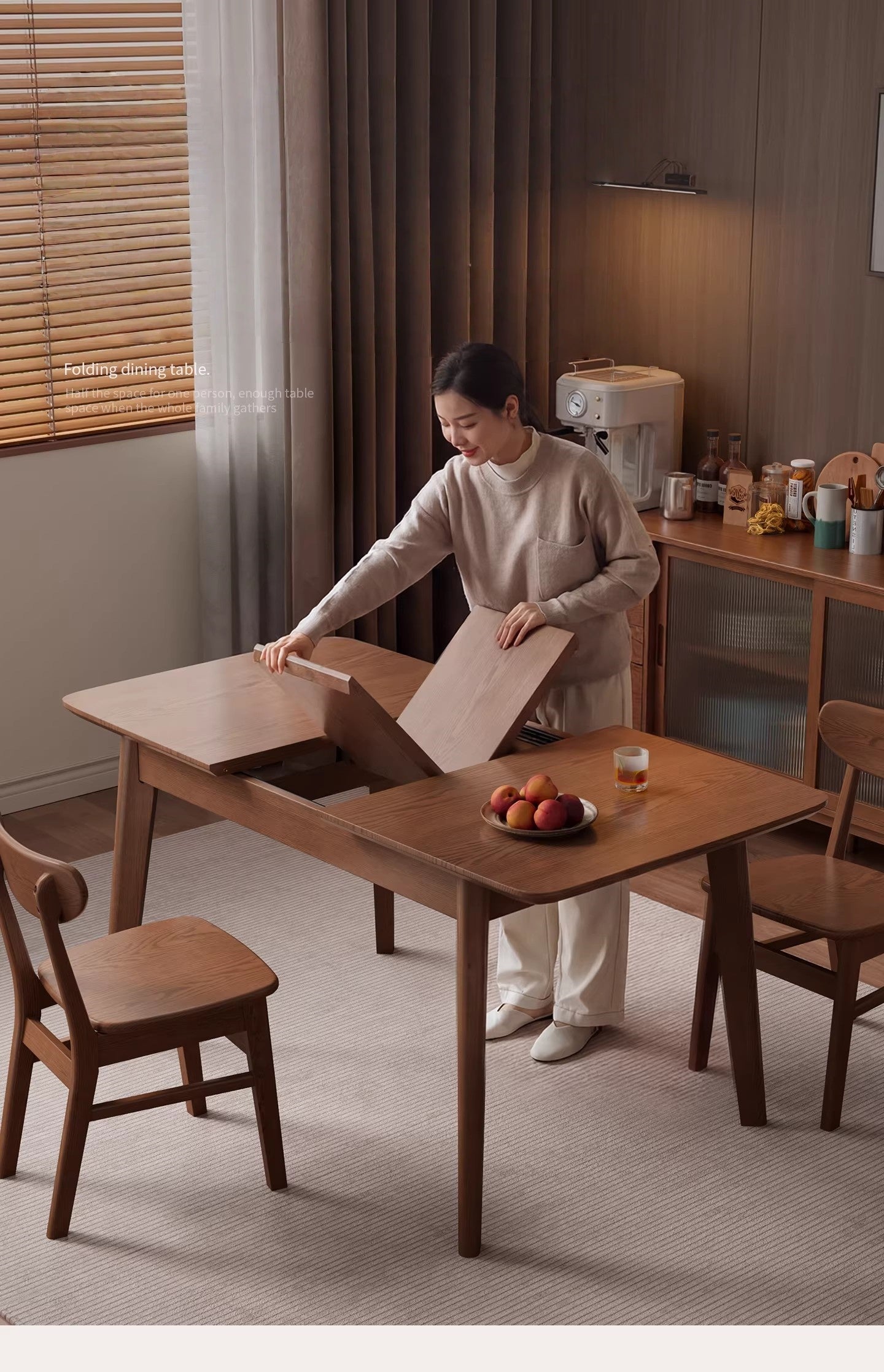 Solid Rubber Wood Expandable Folding Dining Table for Apartments