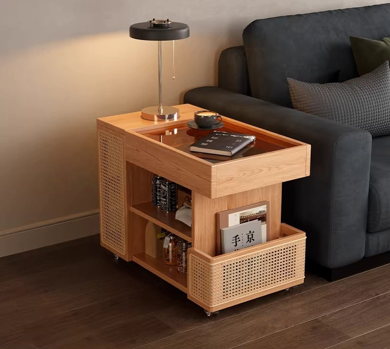 Rolling coffee table with multi-layer storage and glass top detail