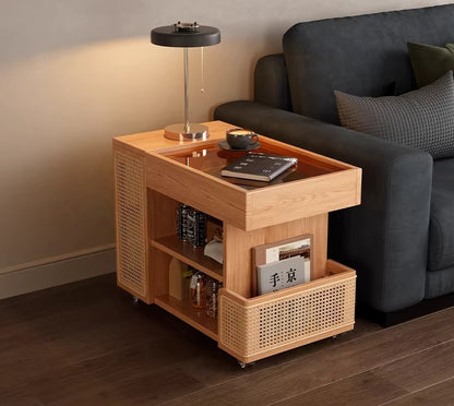 Rolling coffee table with multi-layer storage and glass top detail