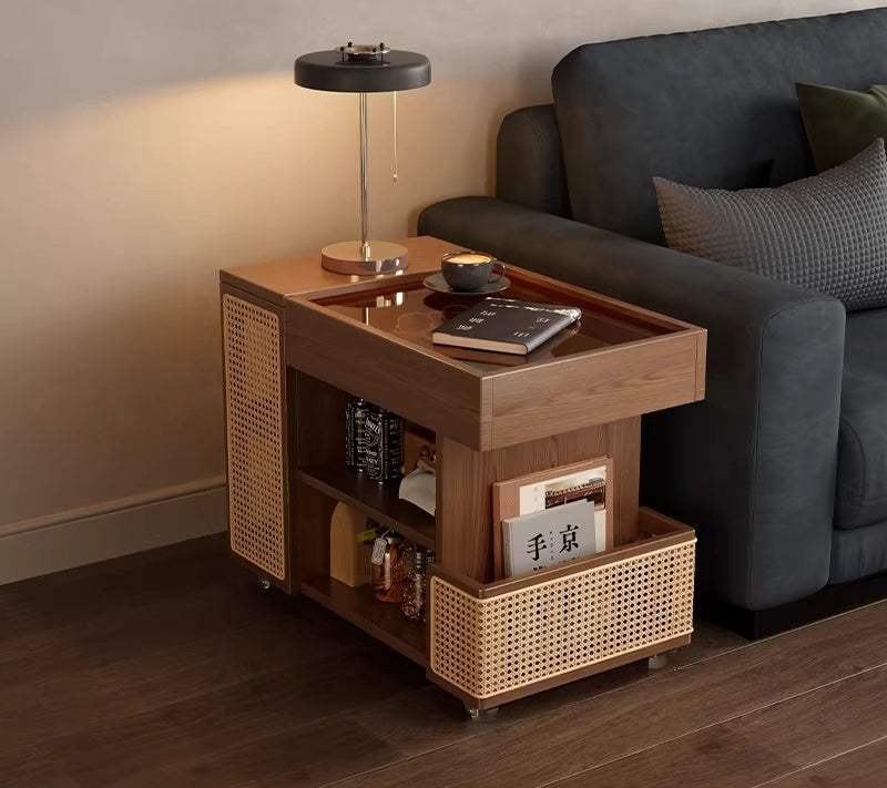 Mobile coffee table with adjustable shelves and rubber casters for apartment living