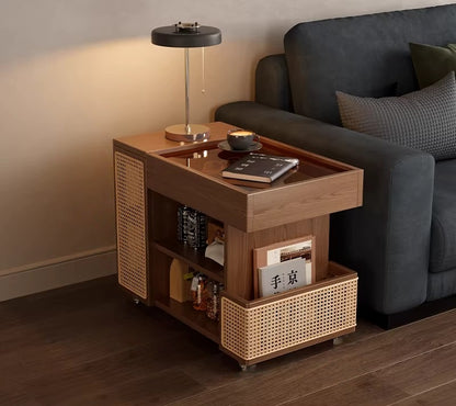 Mobile coffee table with adjustable shelves and rubber casters for apartment living