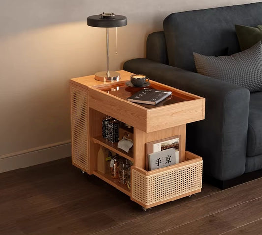 Rubberwood coffee table with handwoven rattan storage compartments