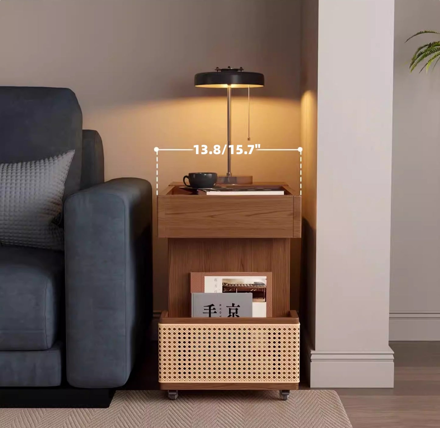 Mobile storage coffee table with removable shelves and rattan design