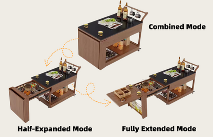 Multifunctional table transforming from coffee table to dining setup in small apartment