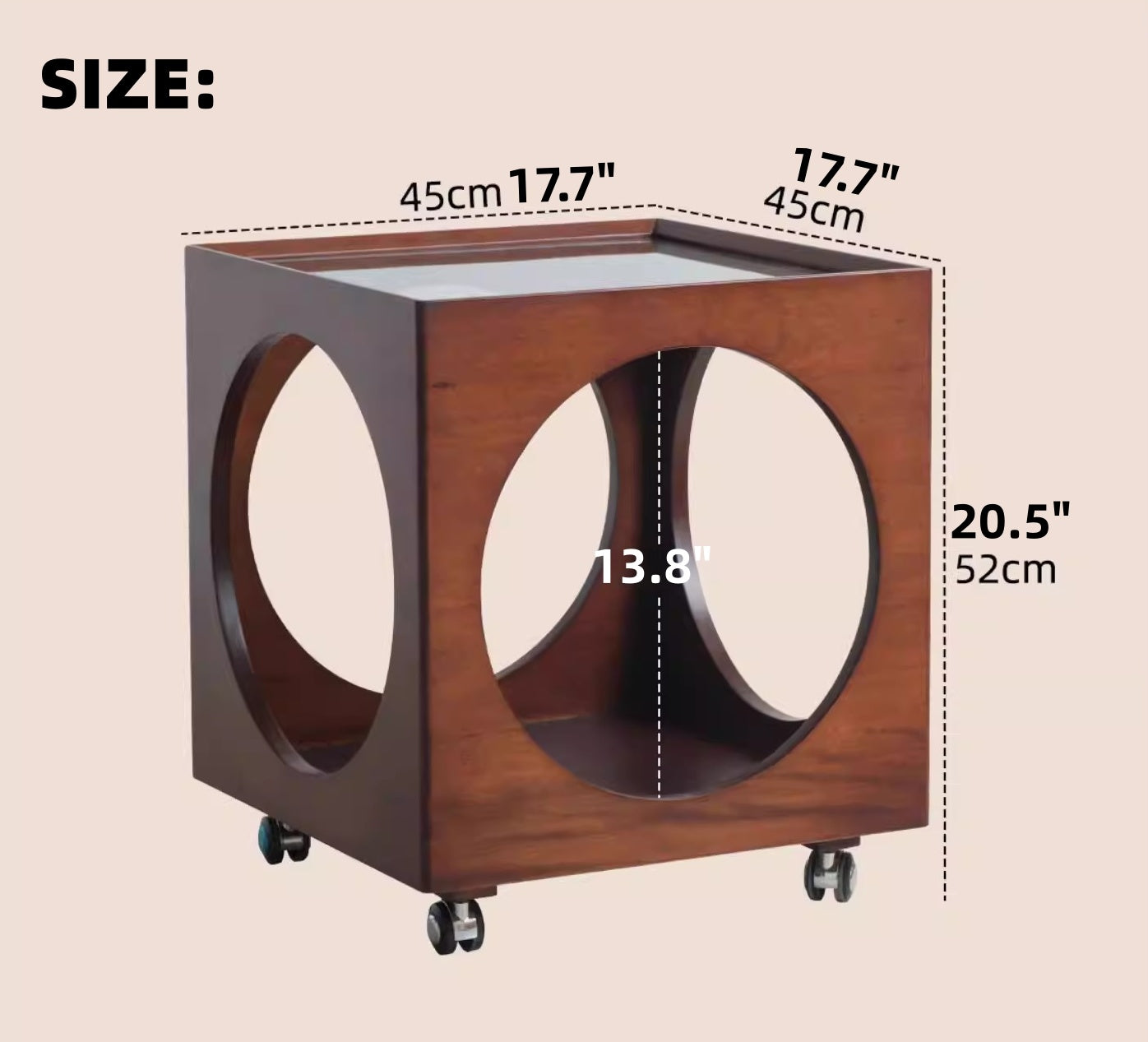 Solid rubberwood cube table with smooth-glide casters mobility feature close-up
