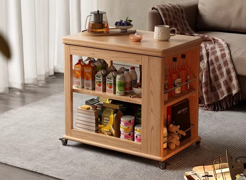 Compact foldable table cart used as small dining table in apartment