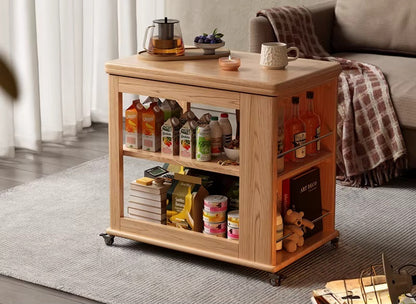 Compact foldable table cart used as small dining table in apartment