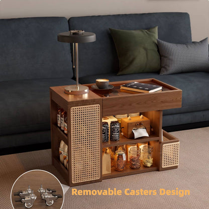 Solid rubberwood coffee table with woven rattan and glass top in living room