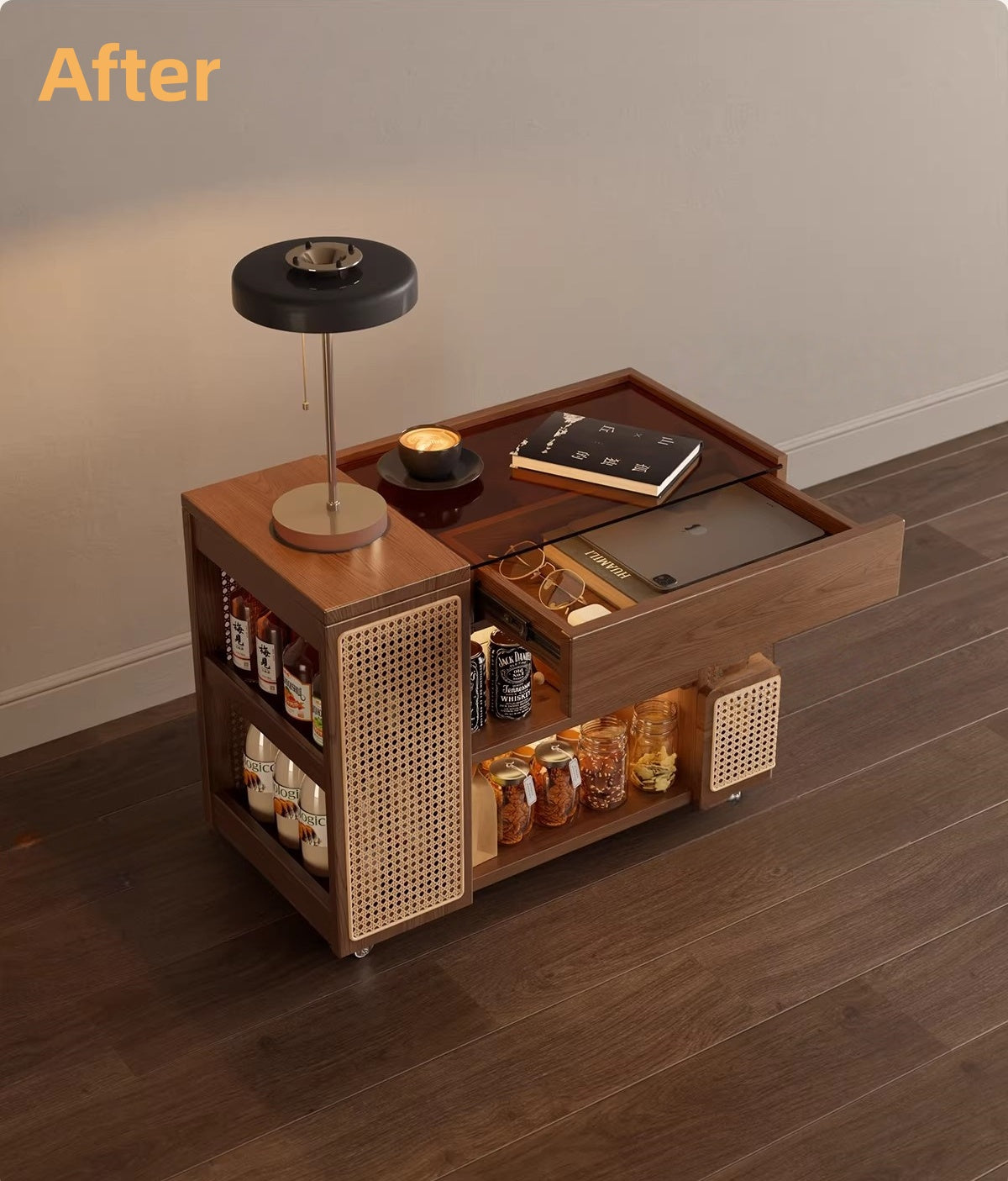 Compact coffee table with wheels showing mobility and storage features