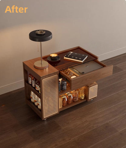 Compact coffee table with wheels showing mobility and storage features