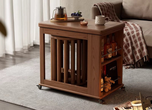 Space-saving solid rubberwood side table cart with matching stools for apartment living