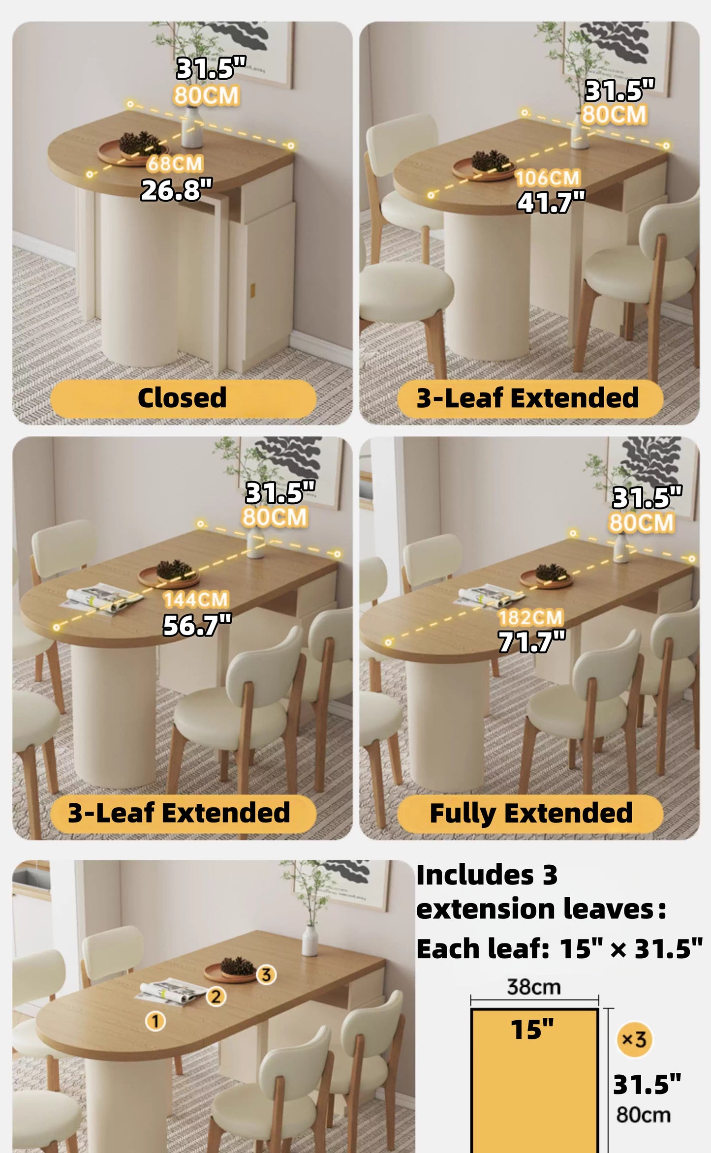 Extendable Dining Table for Small Spaces with Leaf Storage