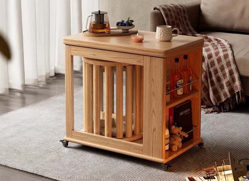  Solid wood coffee table with multi-layer storage and nested stools