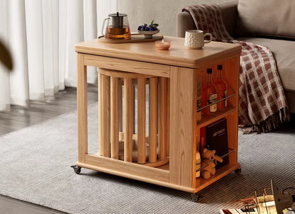  Solid wood coffee table with multi-layer storage and nested stools