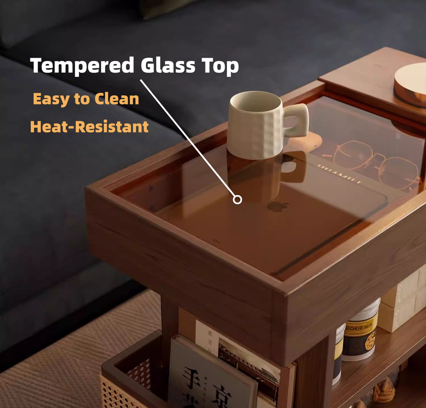 Tempered glass top coffee table with rubberwood frame and caster wheels