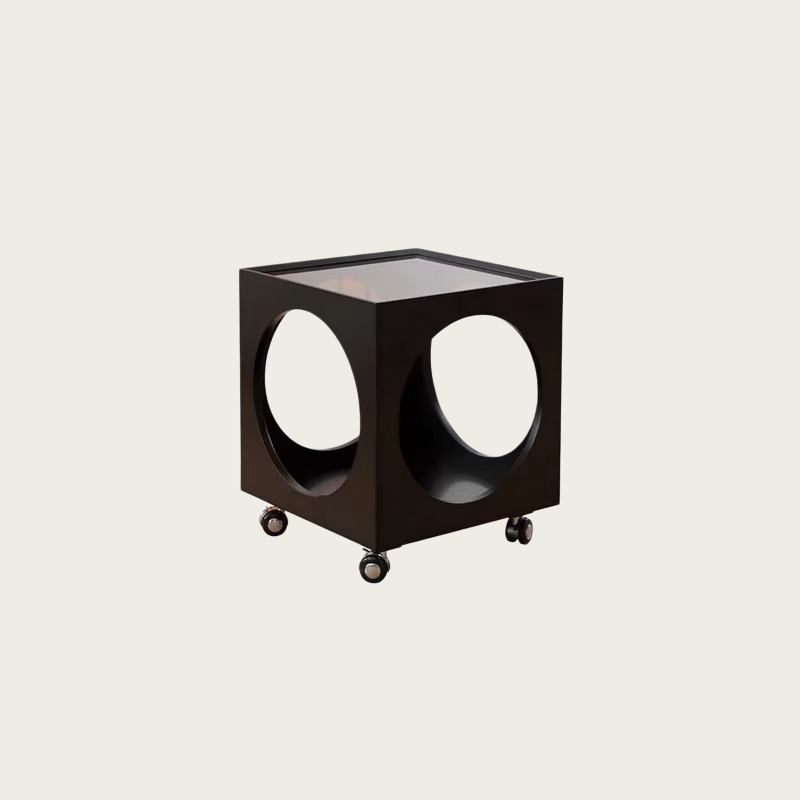 Rolling cube side table size guide with circular cutout design measurements
