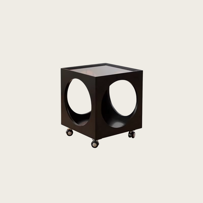 Rolling cube side table size guide with circular cutout design measurements
