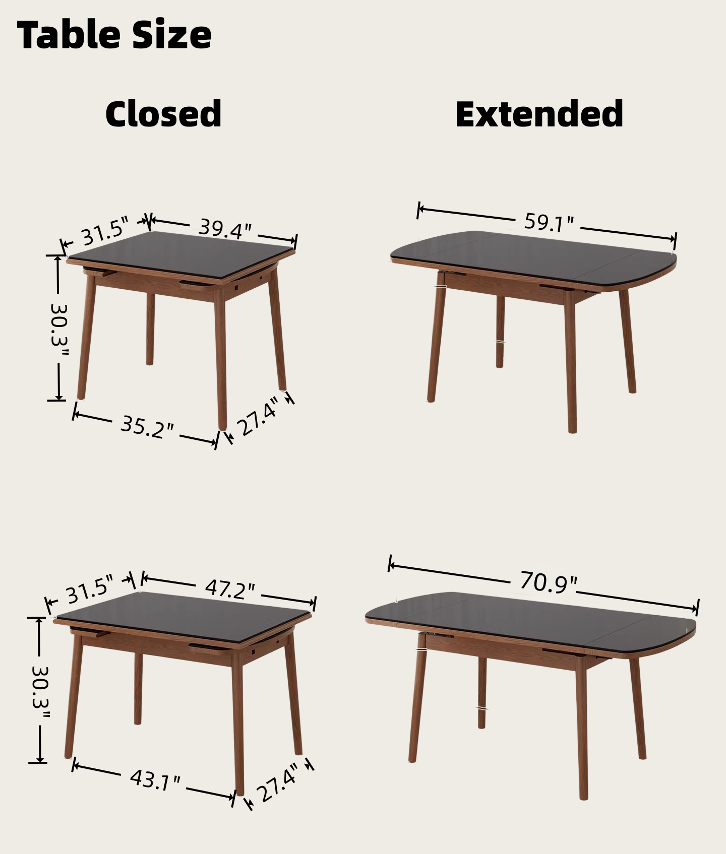 39" Solid Wood Extendable Dining Table for Small Spaces