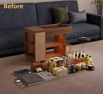 Compact coffee table with wheels showing mobility and storage features