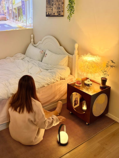 Multi-functional cube table with tempered glass top serving as coffee table and nightstand
