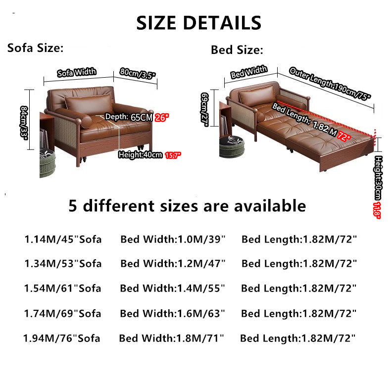 Rattan Weaving Armrests Leathaire Fabric Retro Sofa Bed with Underneath Storage