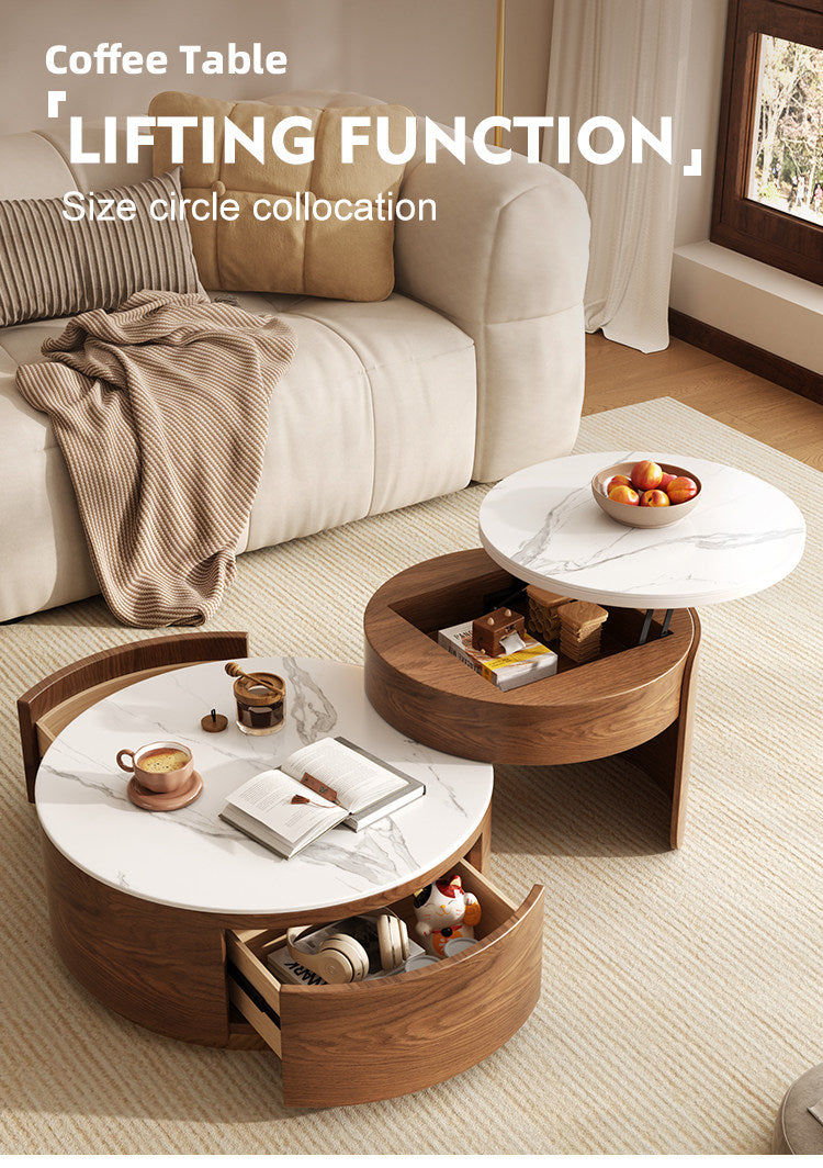 Space saving coffee table stone slab top detail view