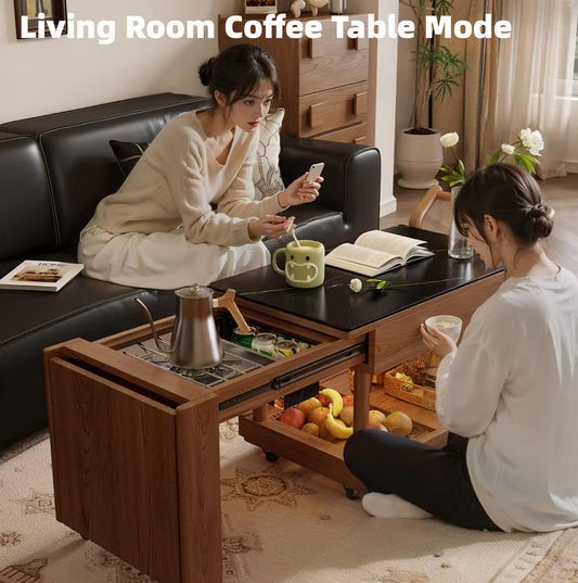 Multifunctional coffee table with IGT stove system and foldable extension panel for small spaces