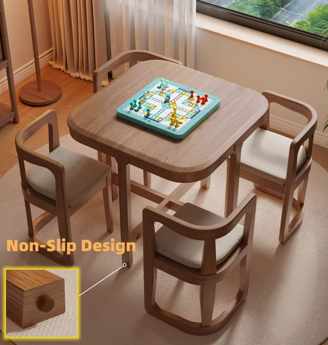 Japanese minimalist square dining table with linen cushioned chairs

