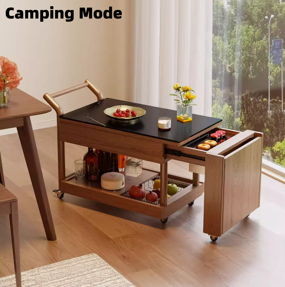 Space-saving table with triple metal slide rails and safety lock mechanism detail