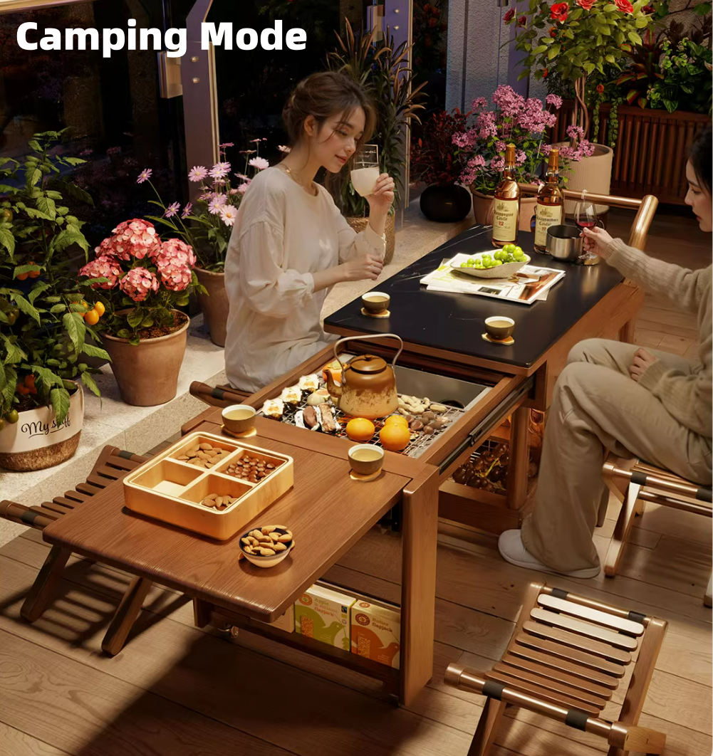 Space-saving modular dining table with sintered stone top and rubberwood frame in compact apartment setting