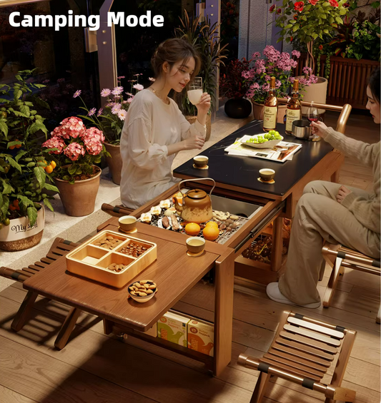 Space-saving modular dining table with sintered stone top and rubberwood frame in compact apartment setting