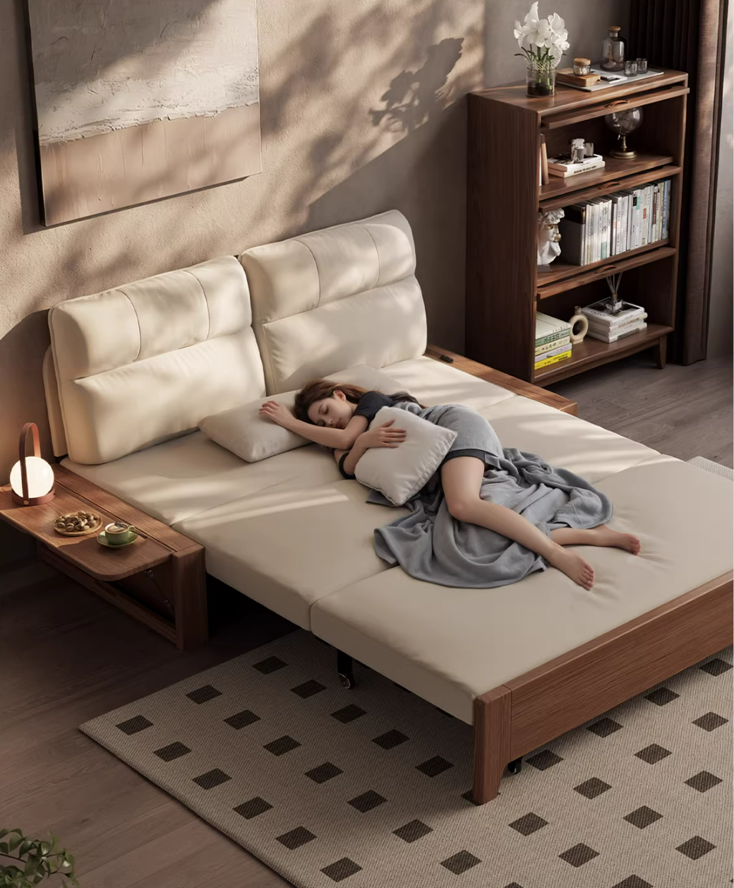 2-in-1 Folding Sofa Bed with Storage, Linen Cotton Blend Upholstery, Solid Wood Frame for Small Spaces