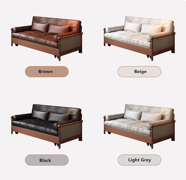 Rattan Weaving Armrests Leathaire Fabric Retro Sofa Bed with Underneath Storage