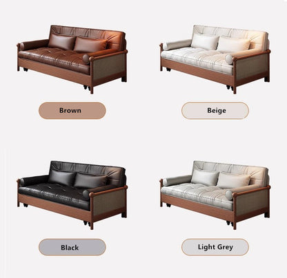 Rattan Weaving Armrests Leathaire Fabric Retro Sofa Bed with Underneath Storage