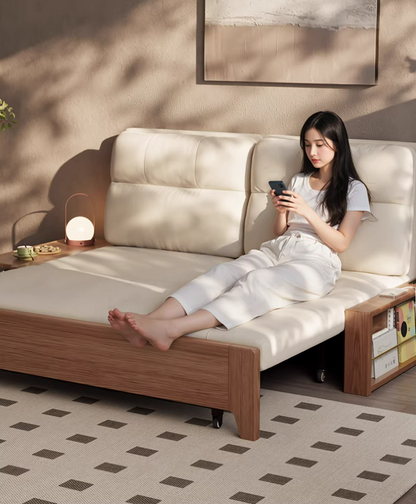 2-in-1 Folding Sofa Bed with Storage, Linen Cotton Blend Upholstery, Solid Wood Frame for Small Spaces