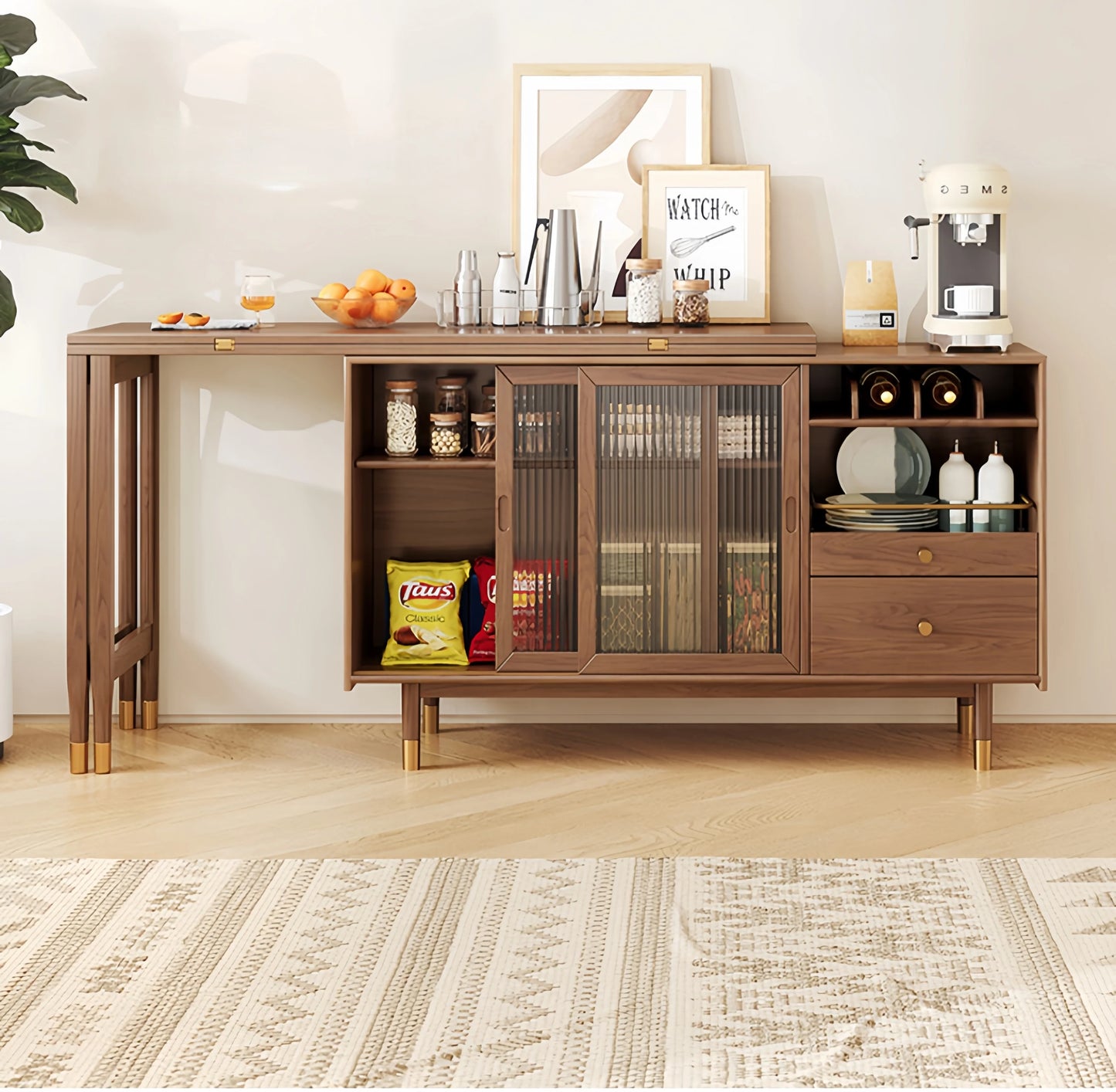 Folding Expandable Dining Table with Side Cabinet & 4 Chairs for Small Apartments