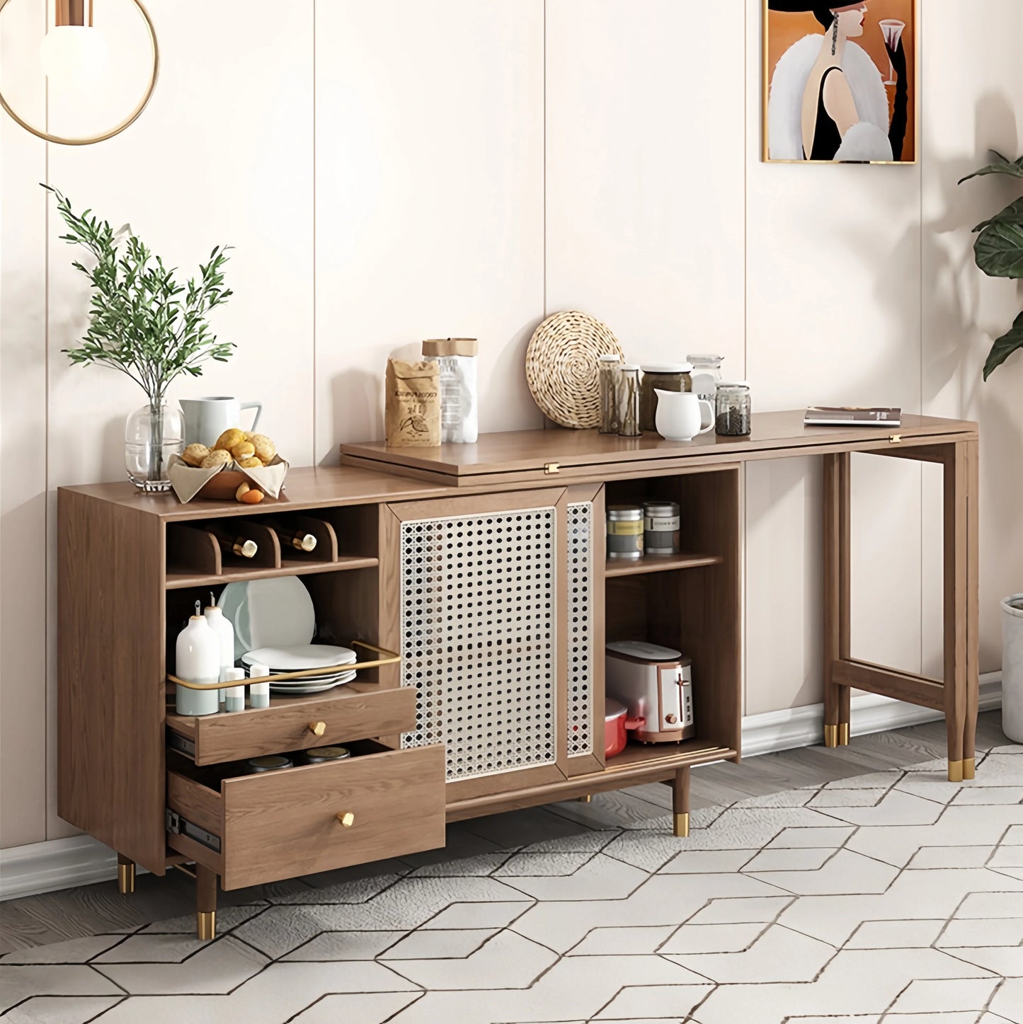 Folding Expandable Dining Table with Side Cabinet & 4 Chairs for Small Apartments