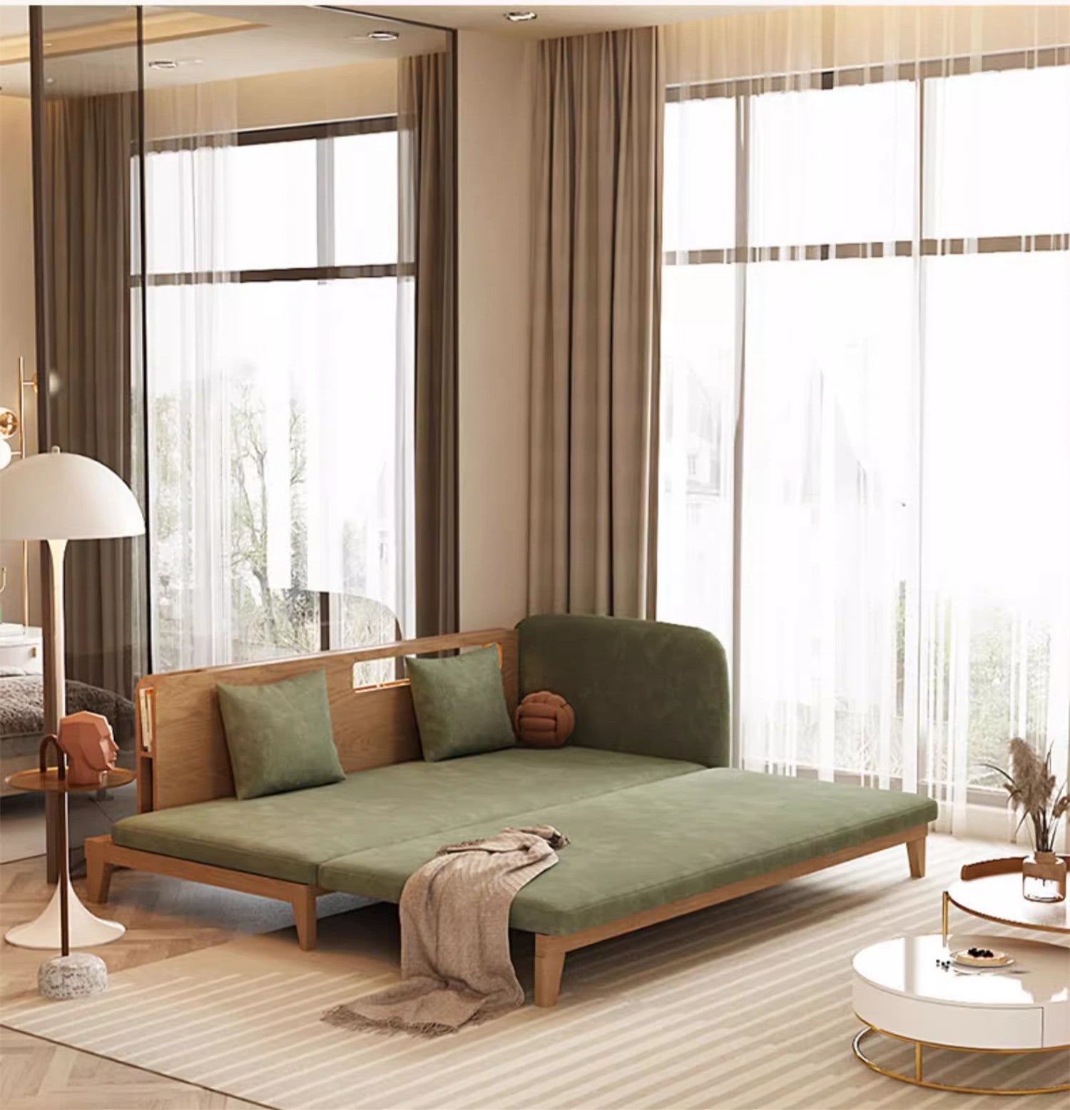 Pull Out Sofa Bed with Backrest and Single Armrest-natural color