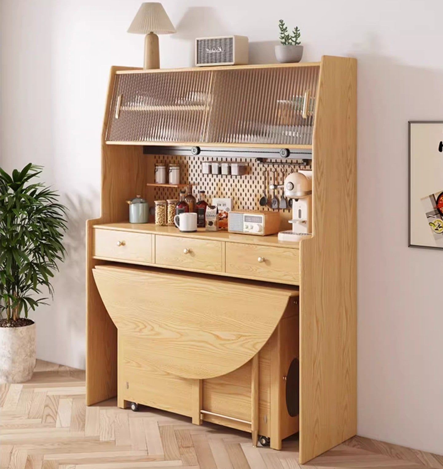 Double Drop Leaf Round Table with 4 Folding Chairs and Sideboard Cabinet