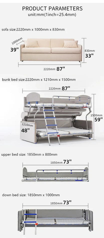 87" Convertible Bunk Sofa Bed with Steel Frame for Small Space