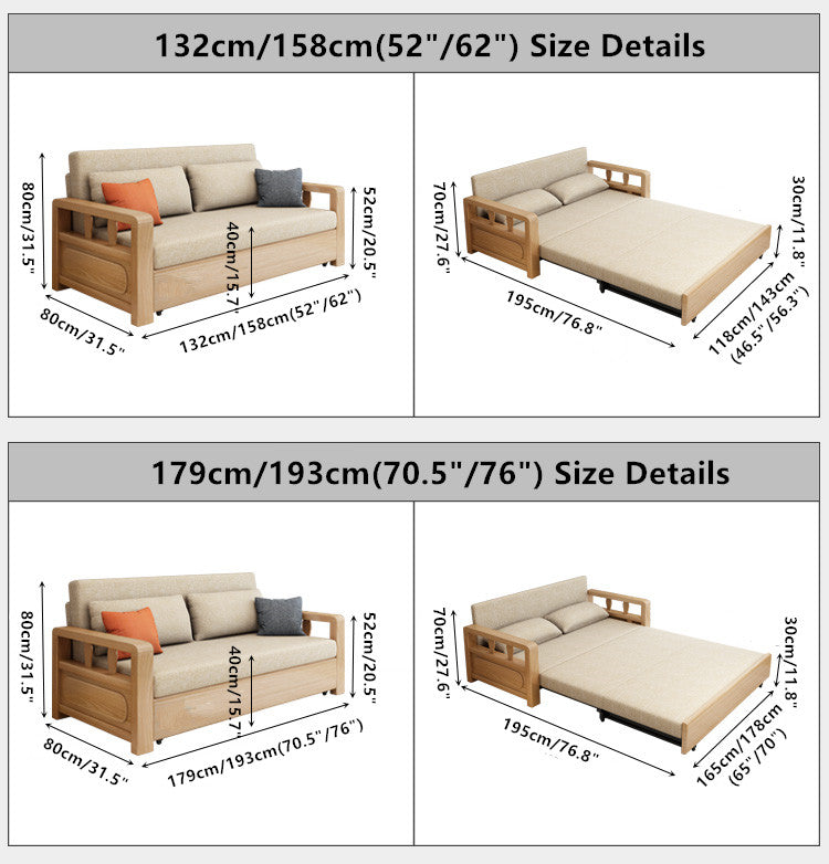 wood sofa bed foldable multifunctional with storage-size details