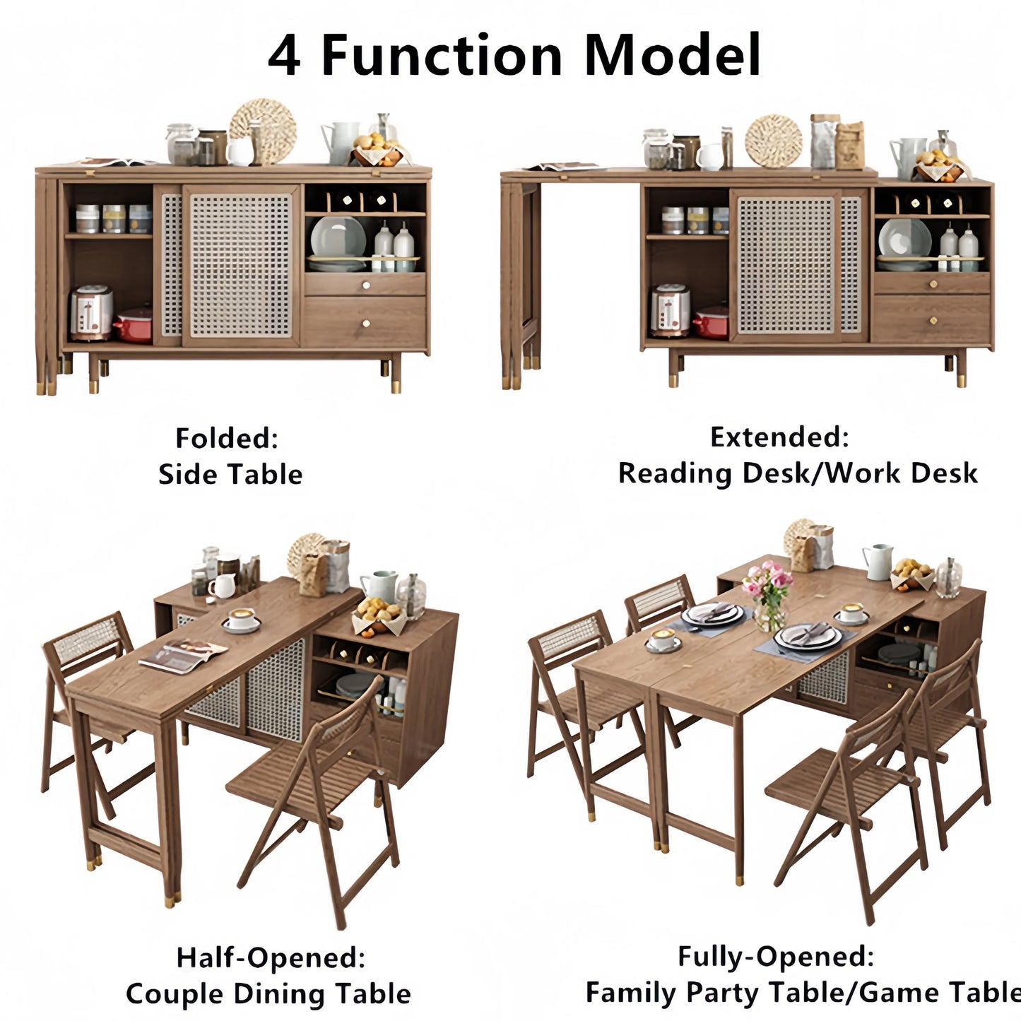 Folding Expandable Dining Table with Side Cabinet & 4 Chairs for Small Apartments