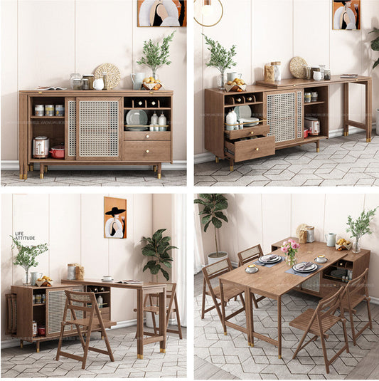 solid wood folding and expandable multifunction dining table with side cabinet