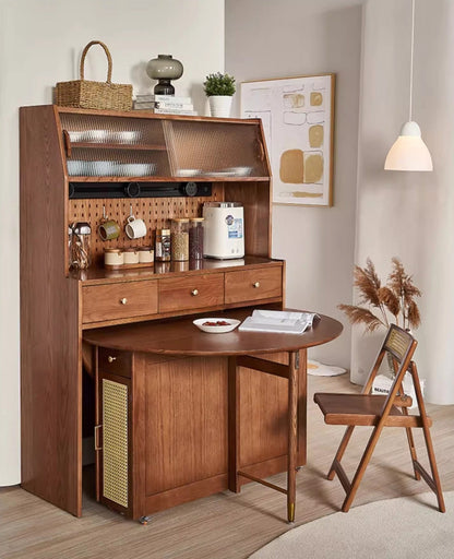 Double Drop Leaf Round Table with 4 Folding Chairs and Sideboard Cabinet